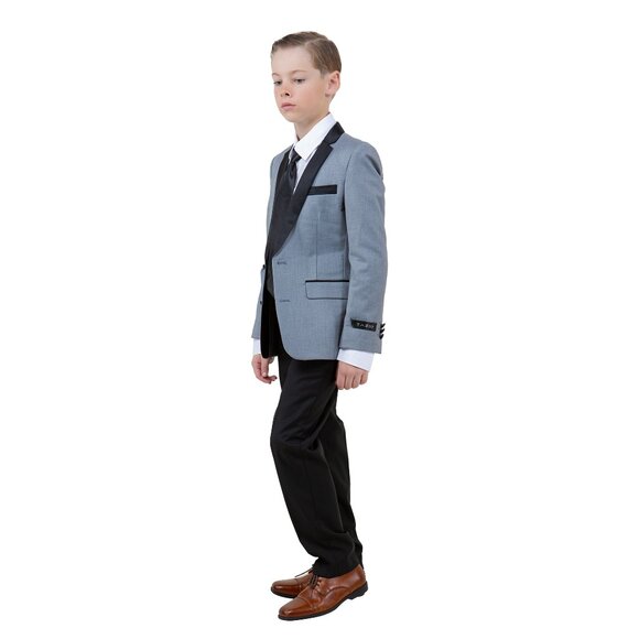 Boys 4pc Gray Suit Set Slim-Fit w/ Tuxedo Look by Tazzio - Picture 4 of 4